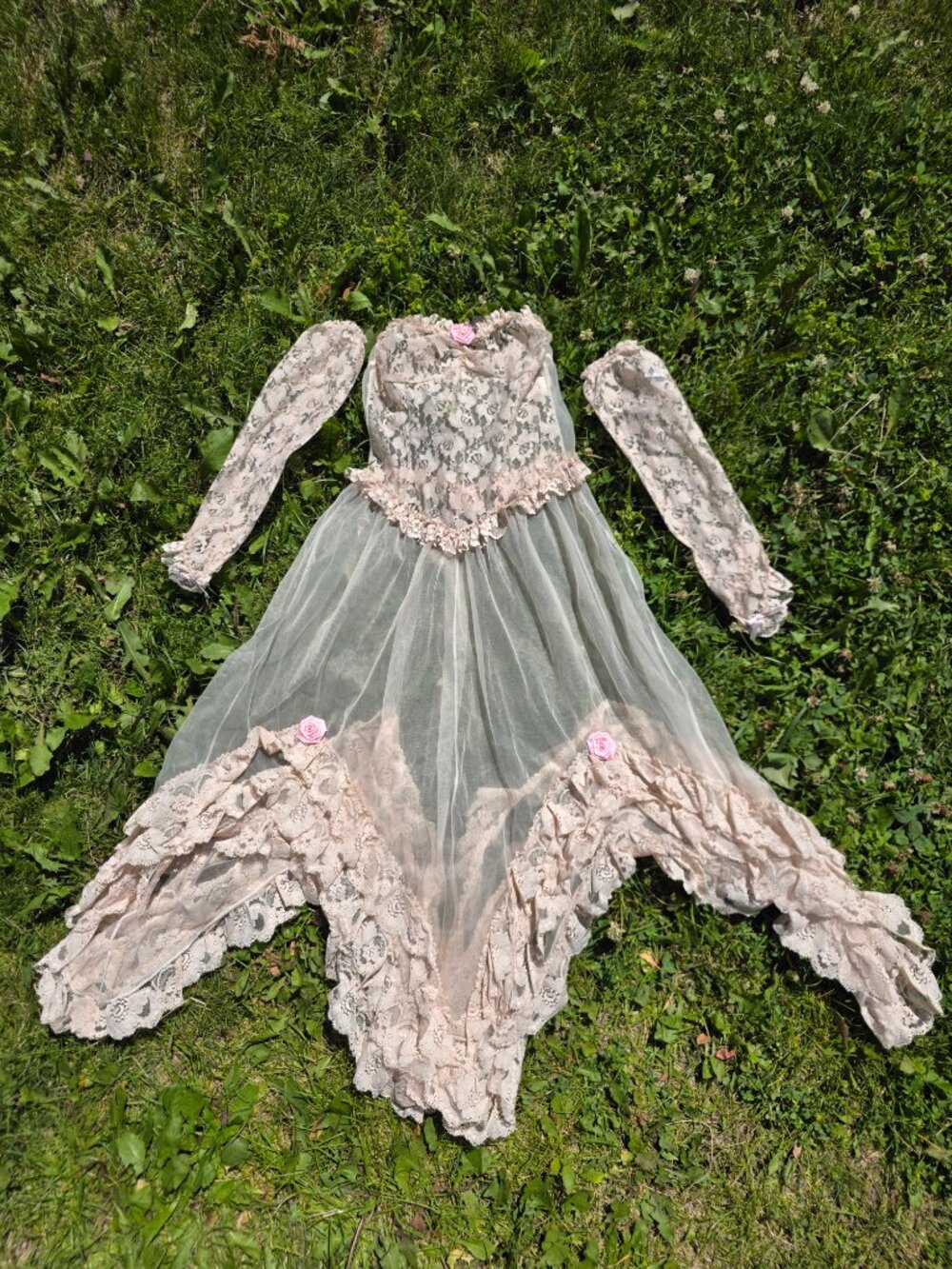 Vintage Ren Fair Fairy Coquette Western Festival Sheer Lace Empire Waist Dress - Picture 15 of 15